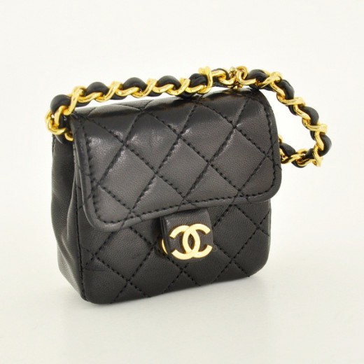 CHANEL Gold-tone Quilted Name Tag Bag Charm Black Unused A2343