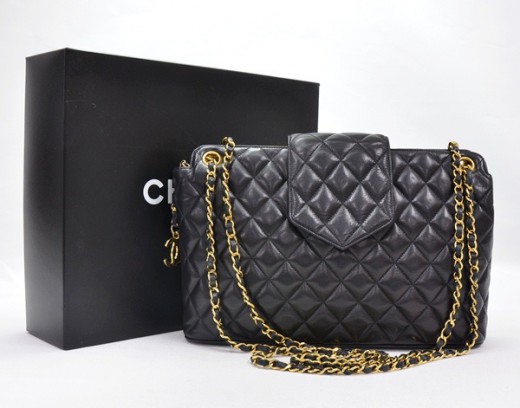 Chanel Chanel Black Quilted Leather Tote Shoulder Bag Gold Chain