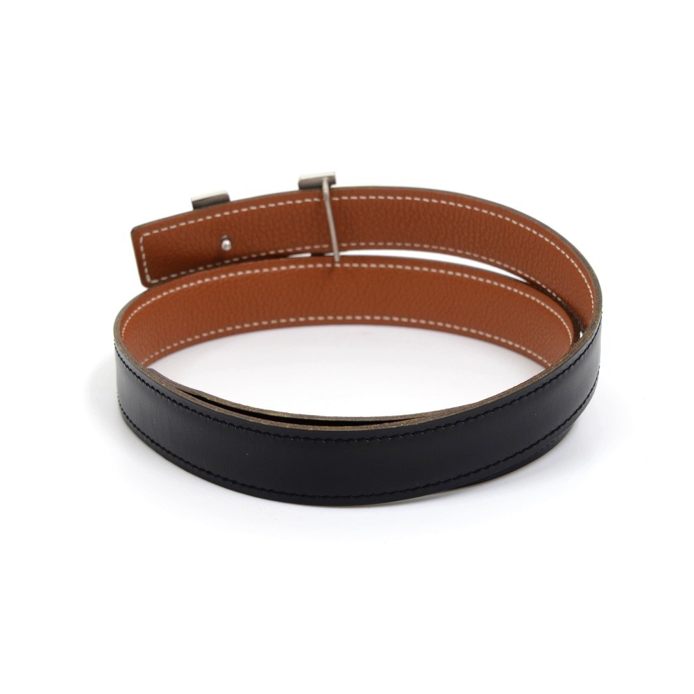 hermes brown x black leather x silver tone h buckle belt size 65 1  