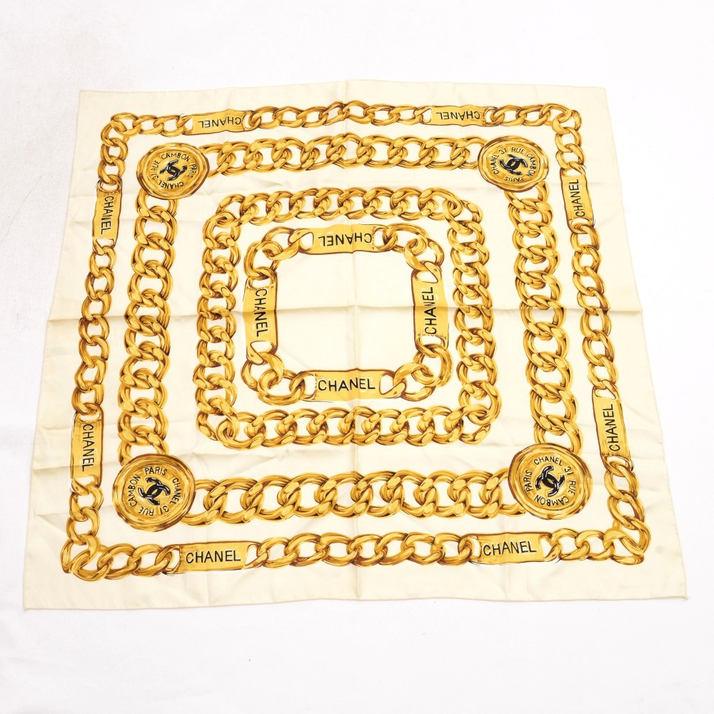 Chanel Vintage Printed Chain Scarf White Gold 
