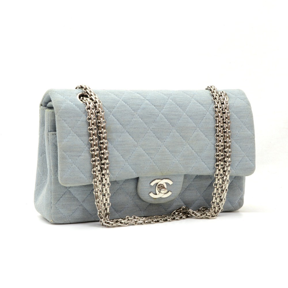 Chanel Chanel 2.55 10inch Double Flap Light Blue Quilted Cotton