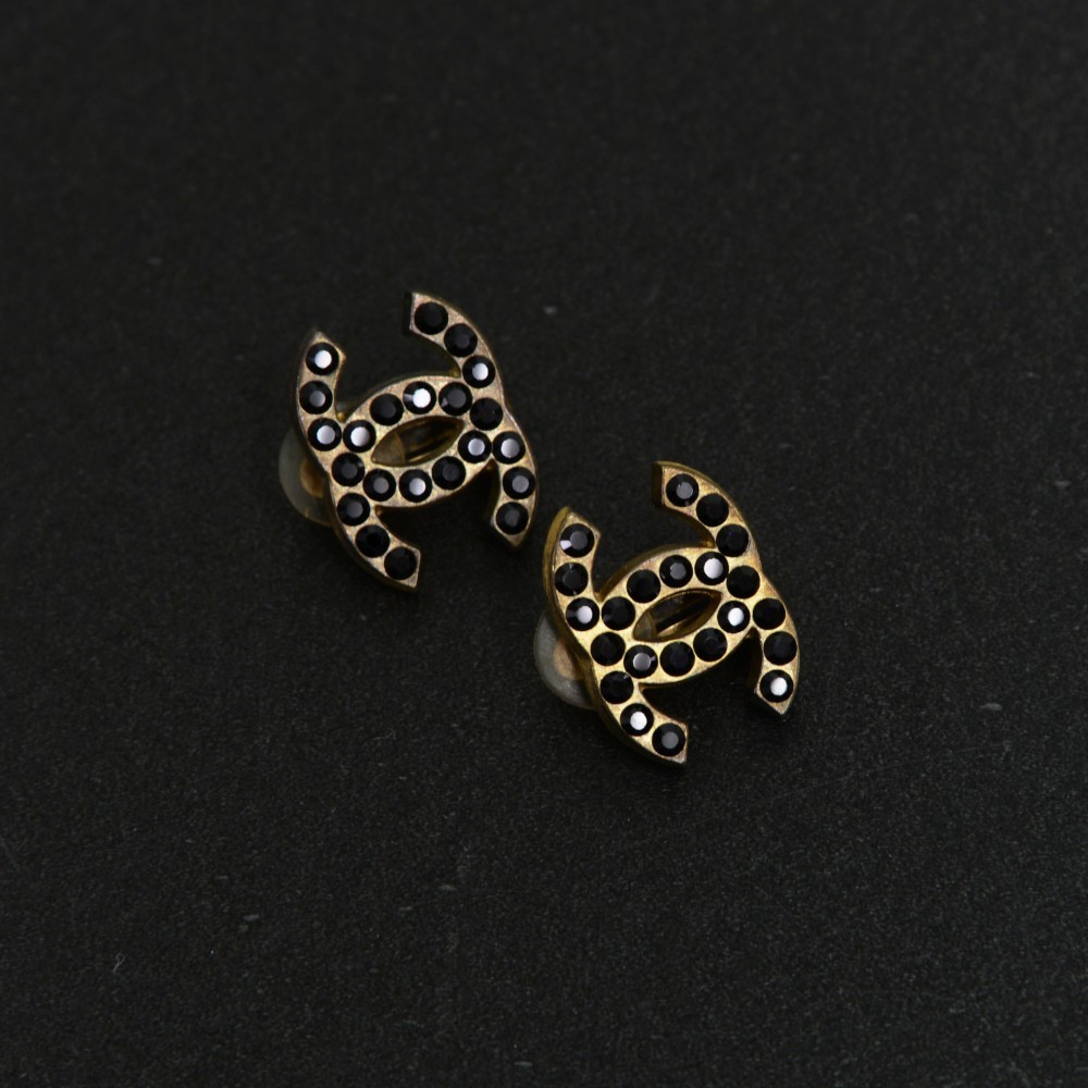 Chanel Chanel Gold Tone x Black Stone CC Logo Earrings