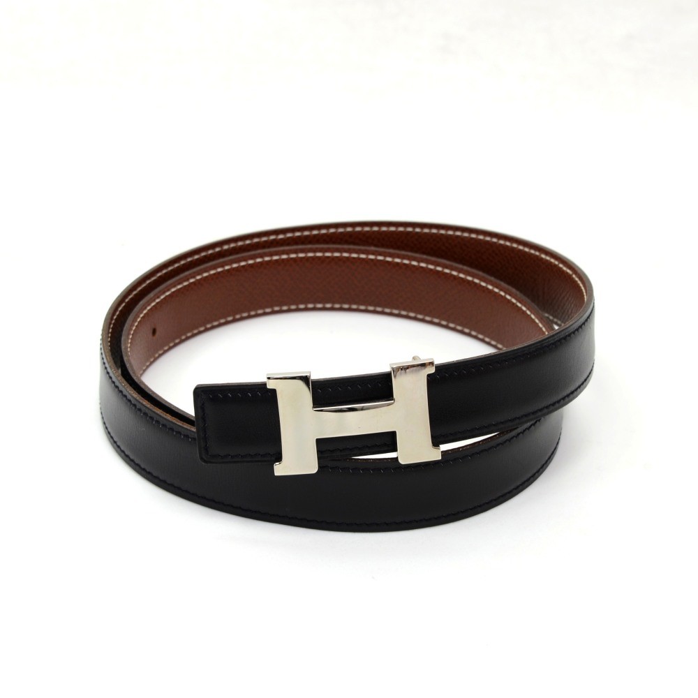 Hermes Hermes Black Leather x Silver Tone Mini H Buckle Belt Size 78
