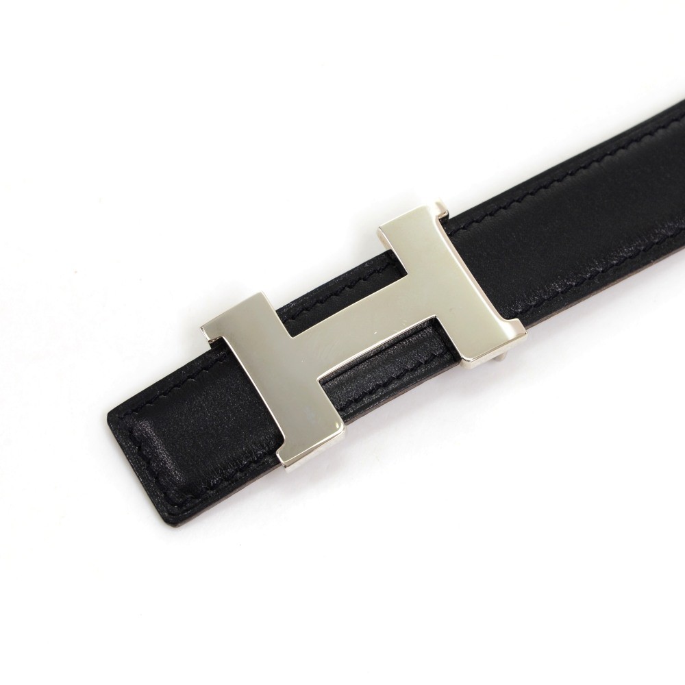 Hermes Hermes Black Leather x Silver Tone Mini H Buckle Belt Size 78