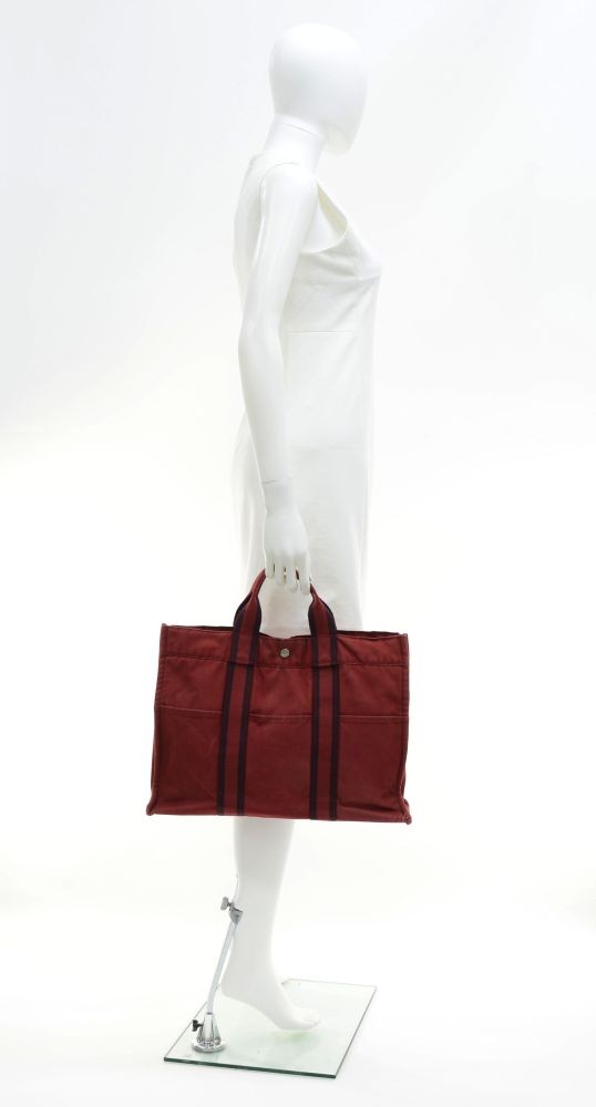 Hermes Fourre Tout Half Leather Canvas Tote Hand Bag Bordeaux A2229