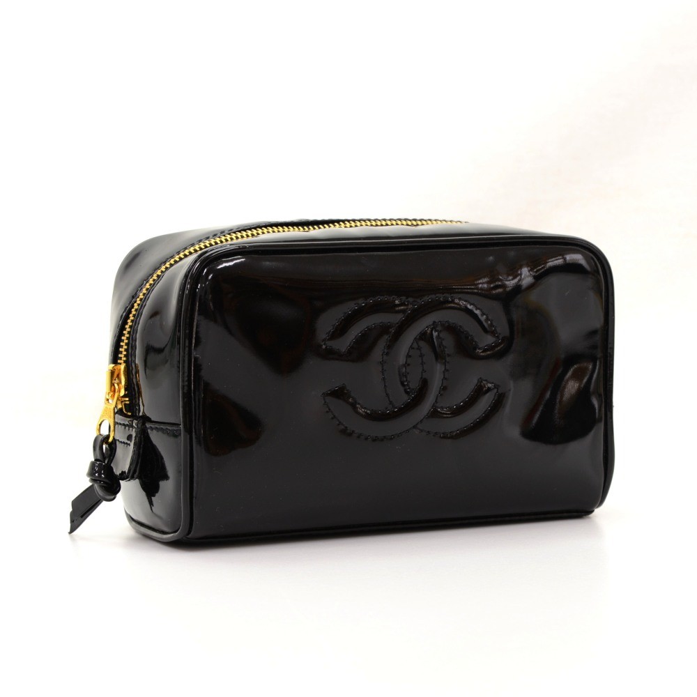 CHANEL Vanity Cosmetic Pouch Patent leather Black CC Auth bs4603