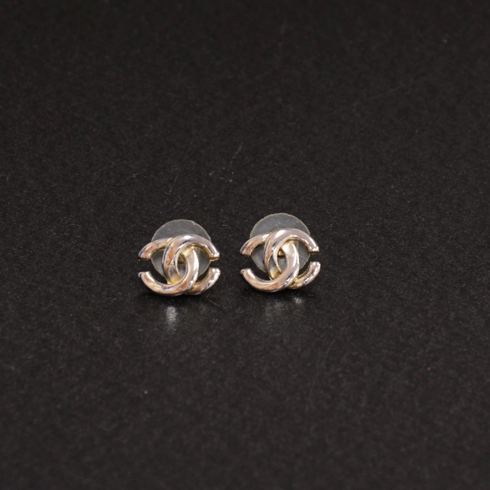 Chanel Chanel Silver Tone CC Logo Pierced Earrings
