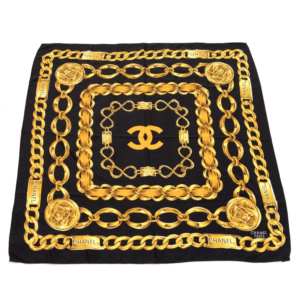Chanel Chanel Black x Gold Tone Silk Scarf