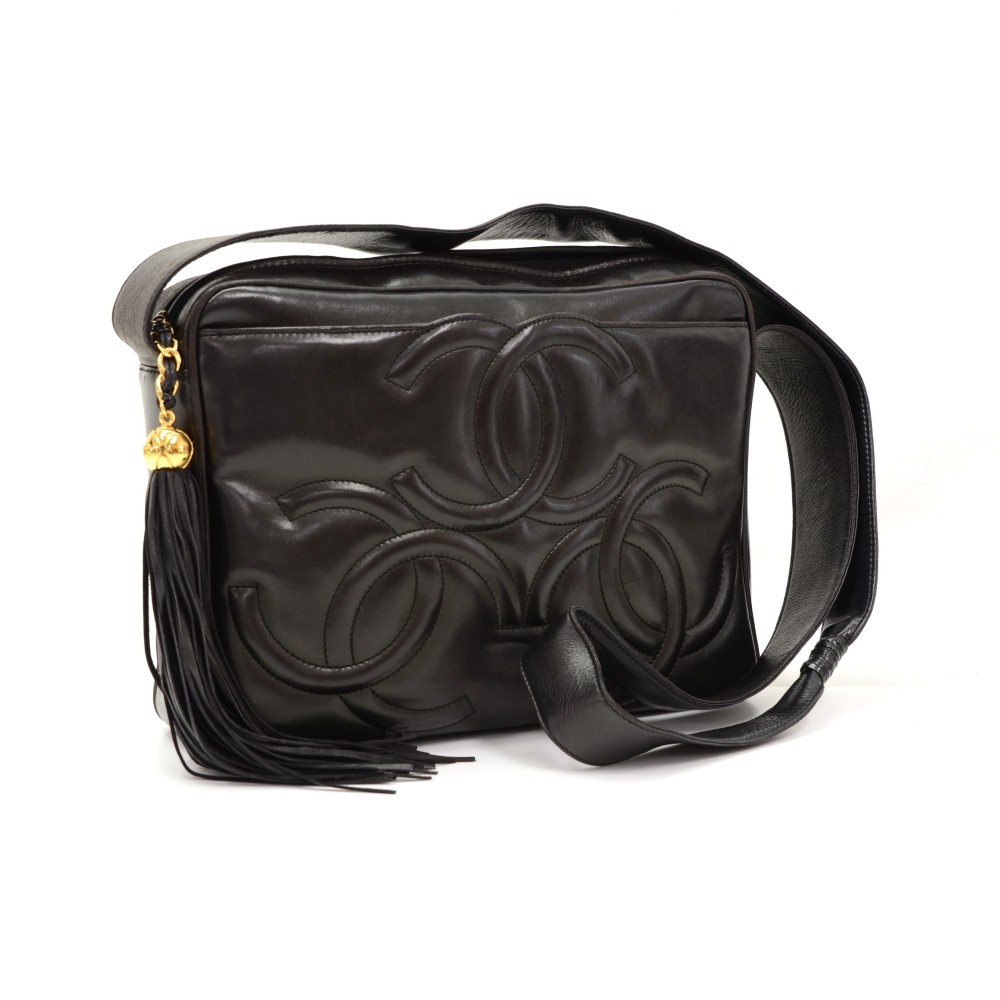 Chanel Vintage Chanel Black Leather Fringe Shoulder Camera Medium Bag