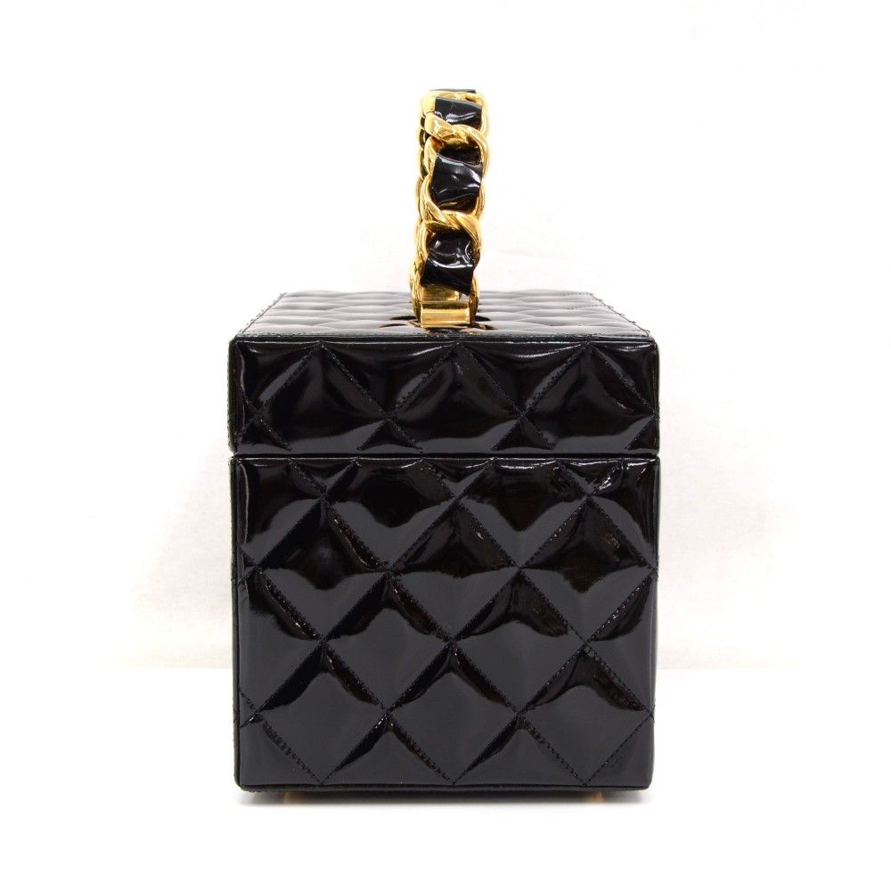CHANEL CC Logo Chain Vanity Hand Bag Box Leather Black France Vintage  310LC182