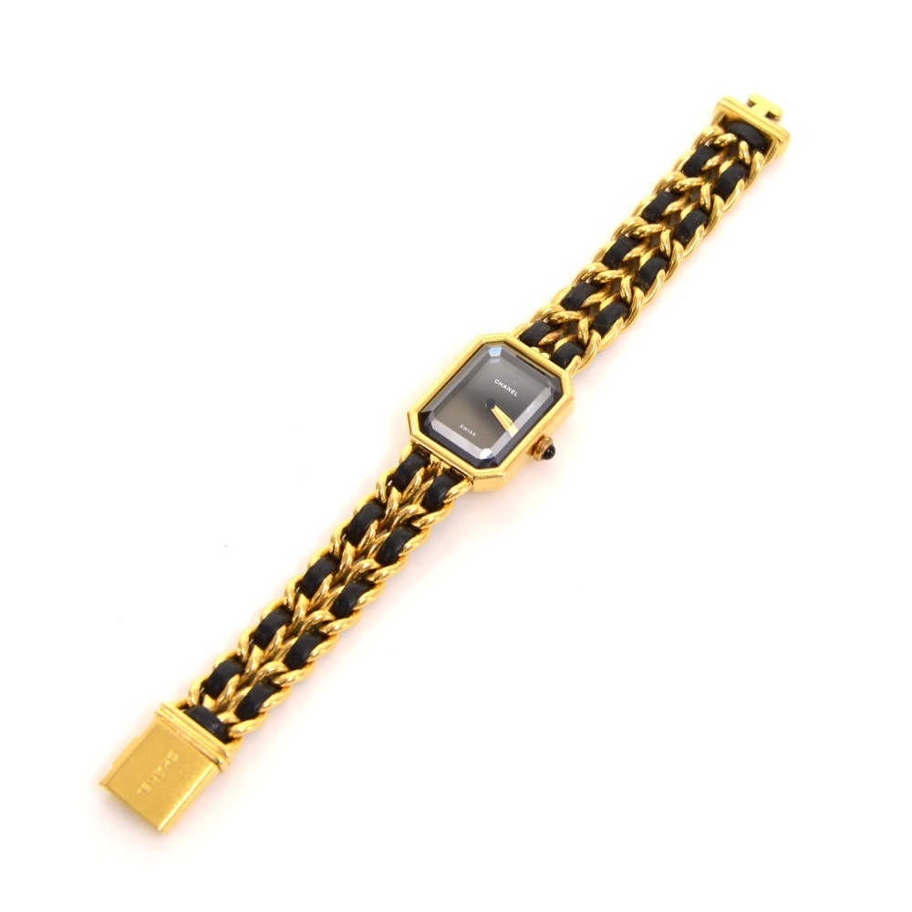 Chanel Premiere Ladies Gold Plated Quartz Black Leather Wrist Watch M Size