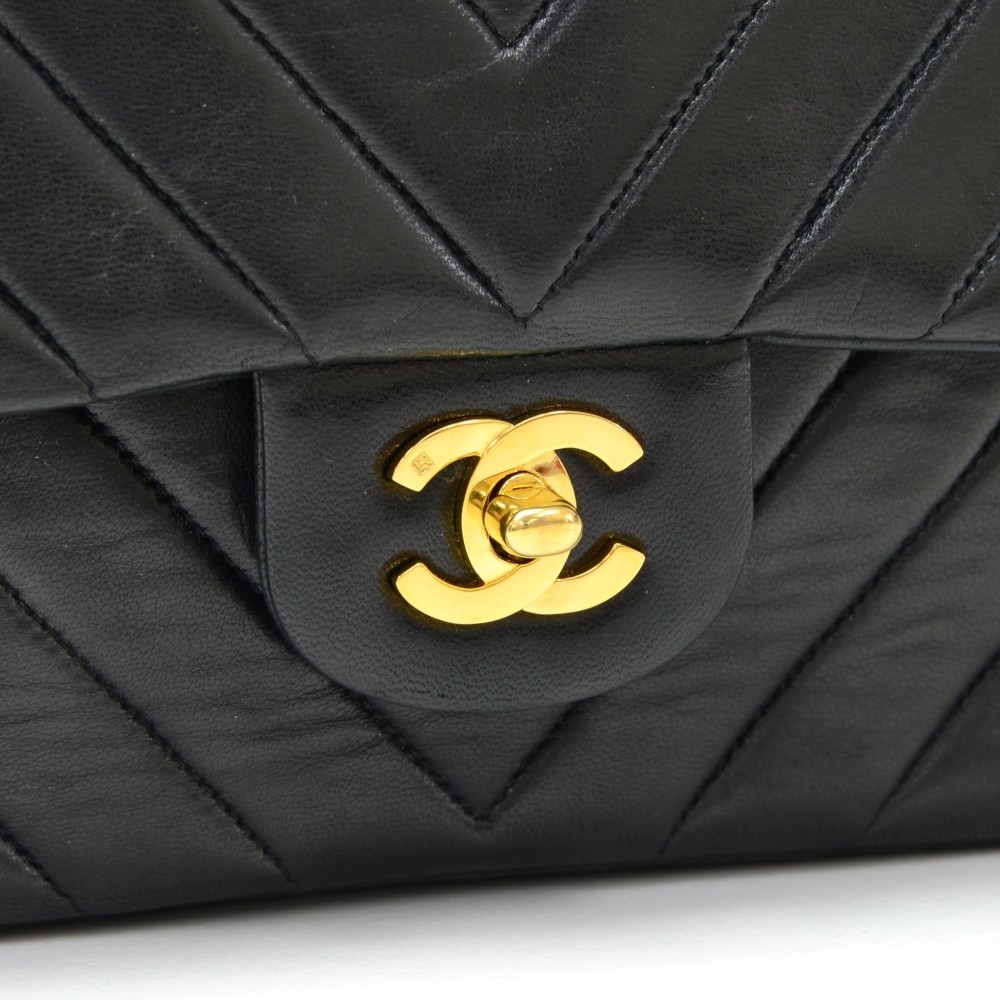 Chanel Vintage Chanel 2.55 10inch Double Flap Black V-Quilted Leather