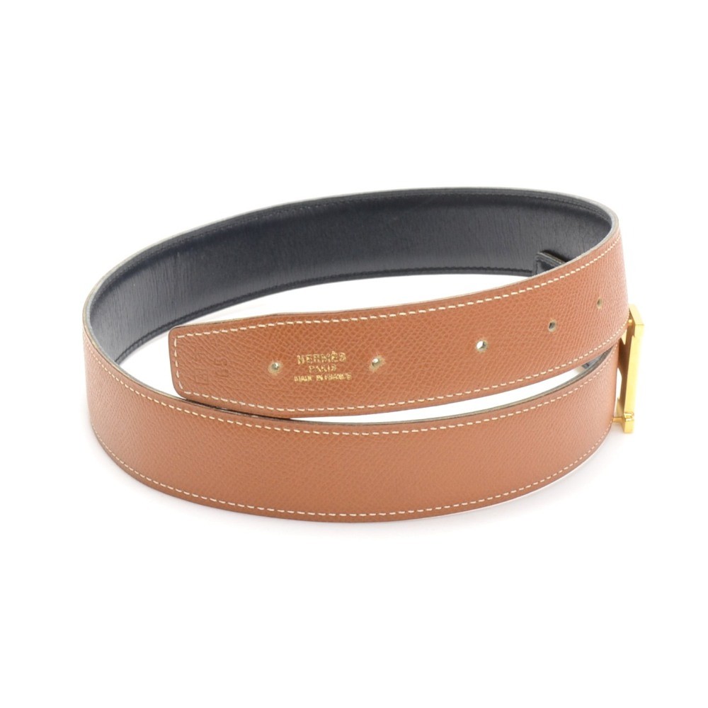 Hermes Hermes Brown x Black Leather x Gold Tone H Buckle Belt Size 65  