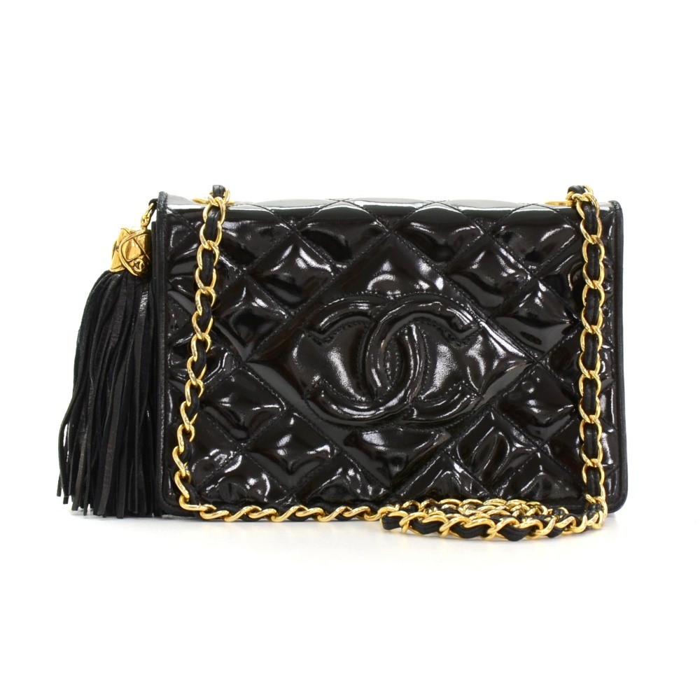 Chanel Vintage Chanel Black Quilted Patent Leather Fringe Shoulder