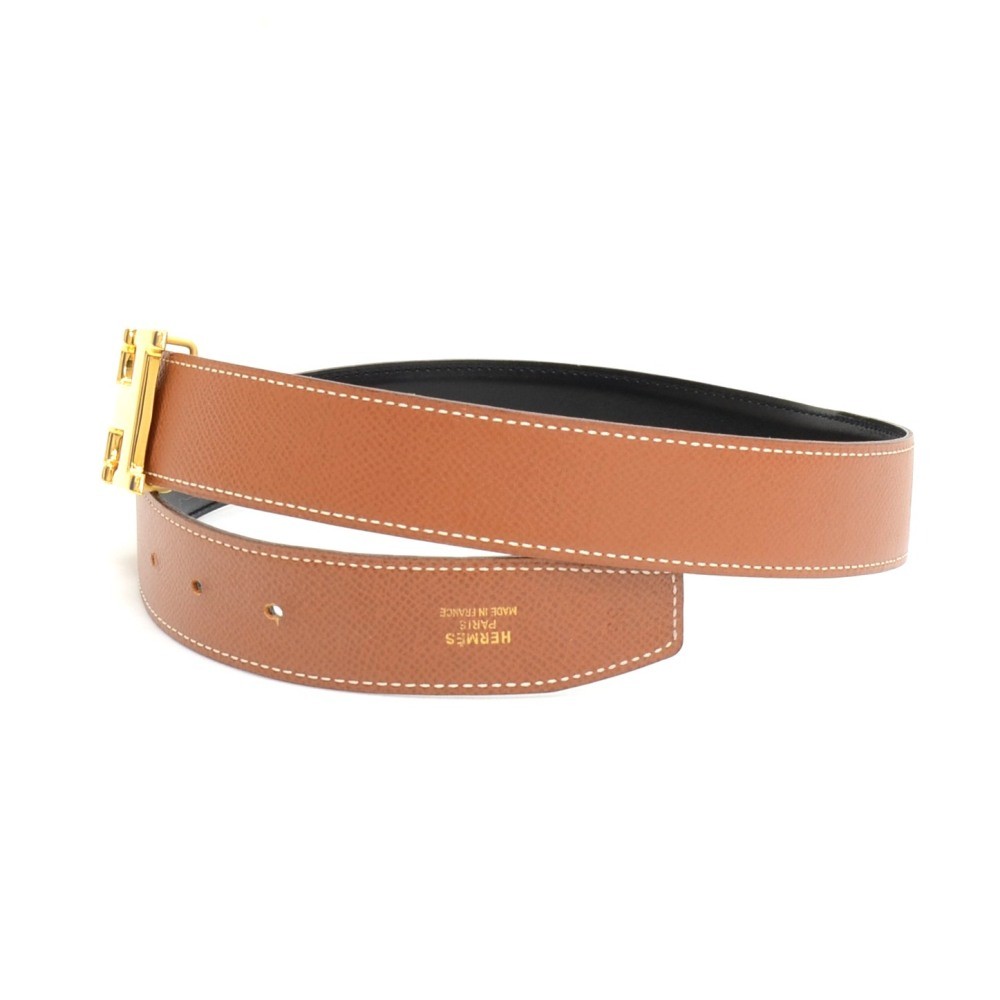 Hermes Hermes Brown x Black Leather Gold Tone H Buckle Belt Size 65  