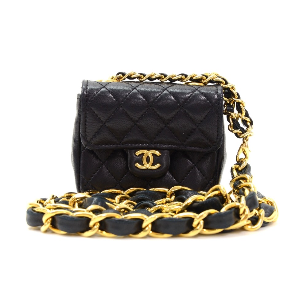 Chanel Vintage Chanel Black Leather Gold Tone Chain Belt + Mini