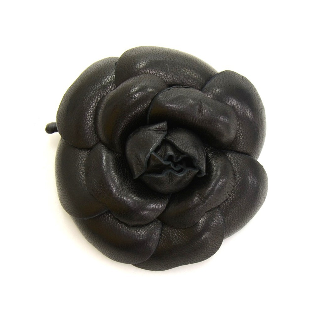 Chanel Chanel Black Leather Camelia Brooch Pin
