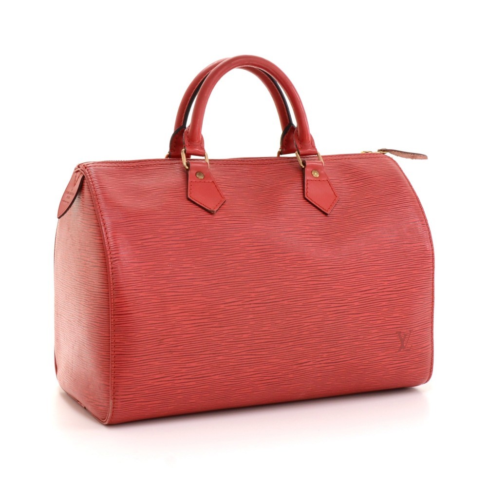 Used Louis Vuitton Speedy 30 Handbag Castilian Red Leather Lv Logo Engraved