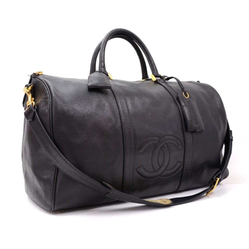 Chanel Vintage Chanel Boston Black Caviar Leather Travel Bag + Strap