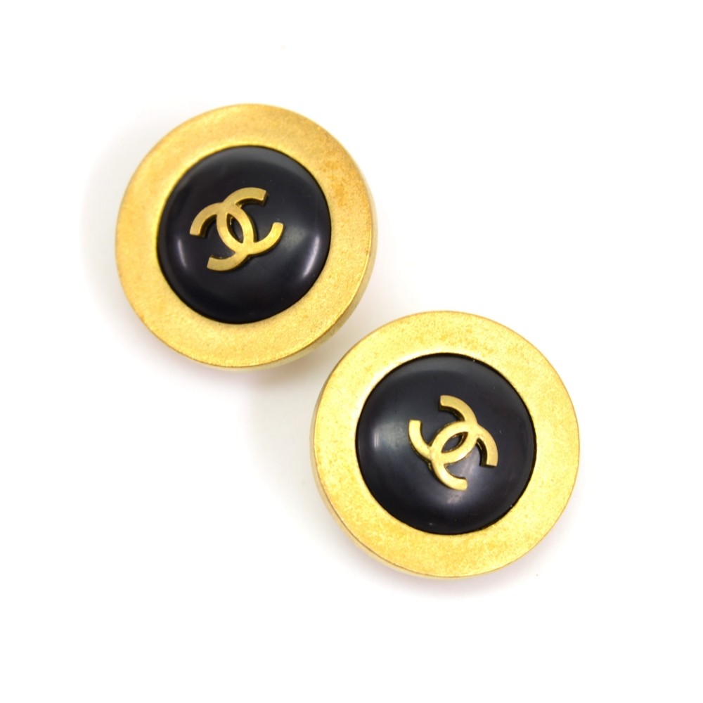 Chanel Chanel Gold Tone CC Logo x Black Round Earrings
