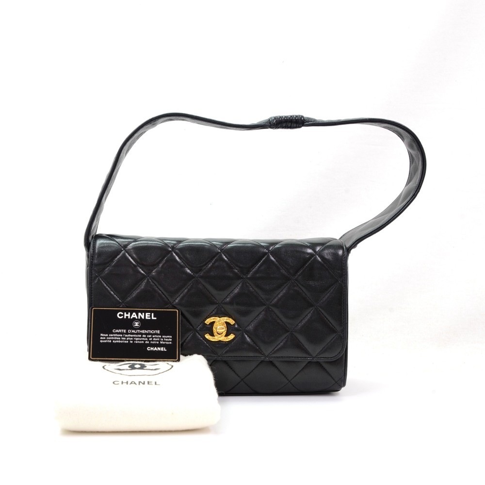 Vintage Chanel 10 Black Quilted Leather Shoulder Pochette Bag With Mirror