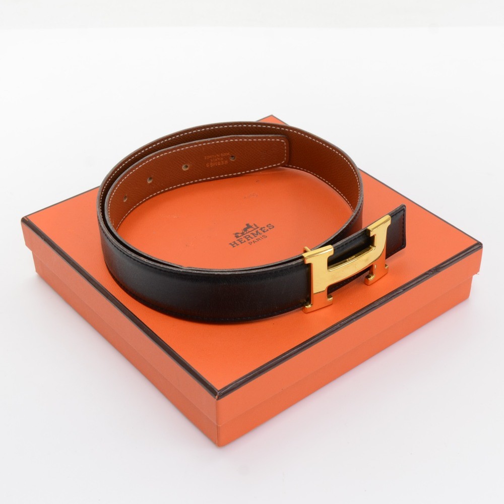 Hermes Hermes Brown x Black Leather x Gold Tone H Buckle Belt Size 70  