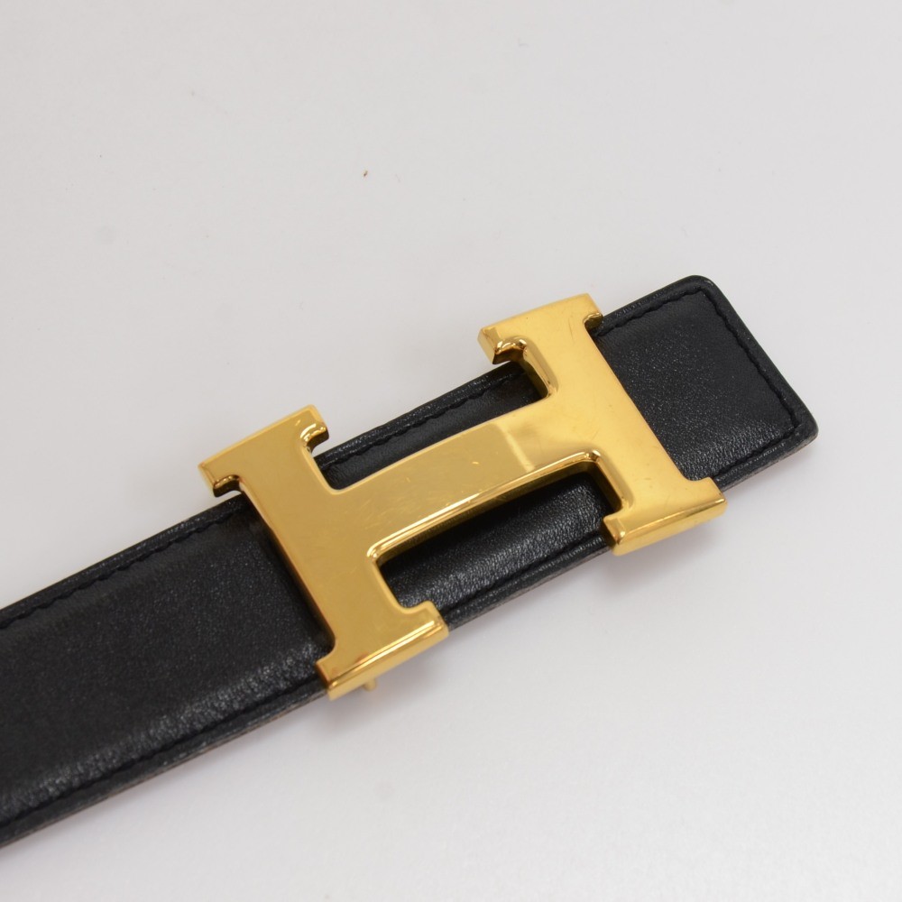Hermes Hermes Brown x Black Leather x Gold Tone H Buckle Belt Size 70