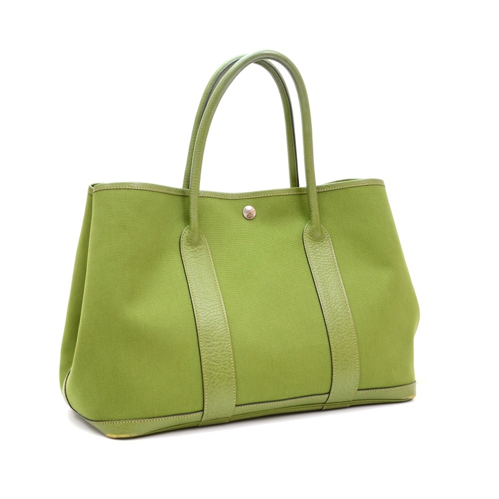Hermes Garden Party Green Leather Toile Canvas Tote Shopper Bag –