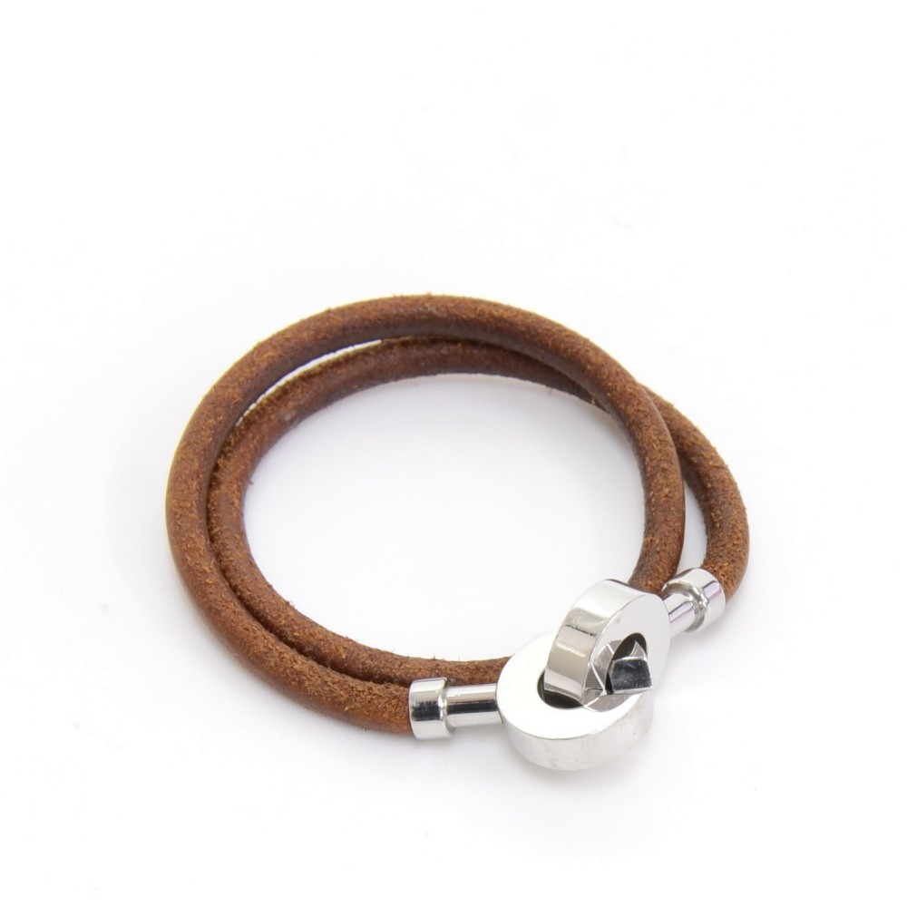 Hermes Hermes Lancelot Brown Leather x Silver Tone Chocker Bracelet  