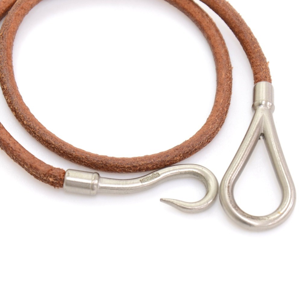 hermes brown leather x silver tone hook double wrap jumbo bracelet 7