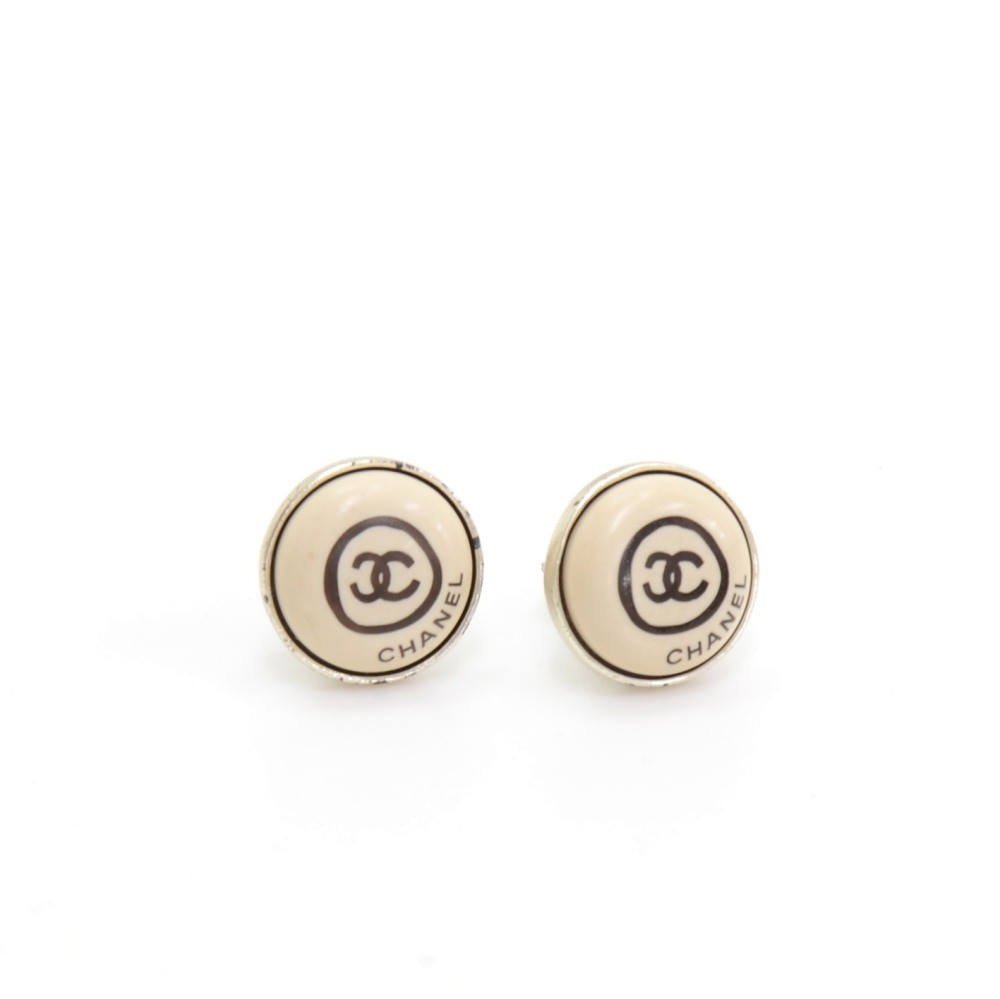 Chanel Chanel White x Black CC Logo Silver Tone Small Round Earrings