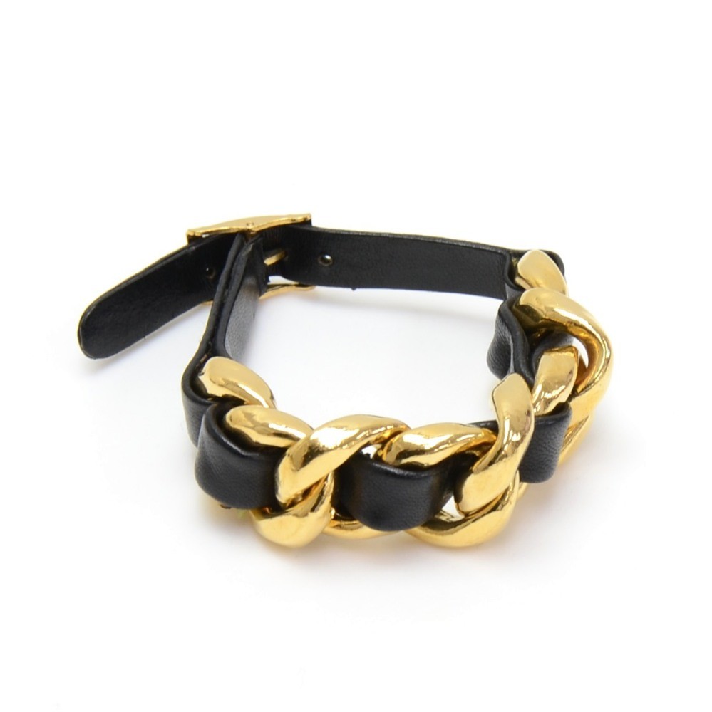 Chanel Vintage Chanel Black Leather x Gold Tone Chain Bracelet