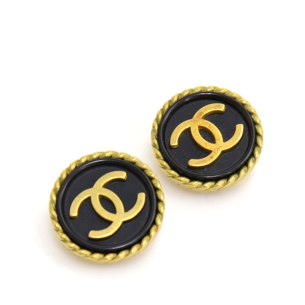 Chanel Chanel Black x Gold Tone CC Logo Round Earrings