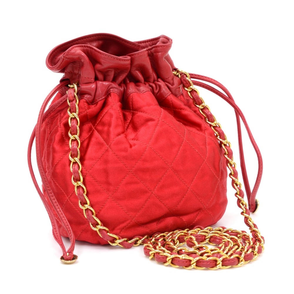 Chanel Vintage Chanel Red Quilted Satin Mini Bucket Shoulder Bag