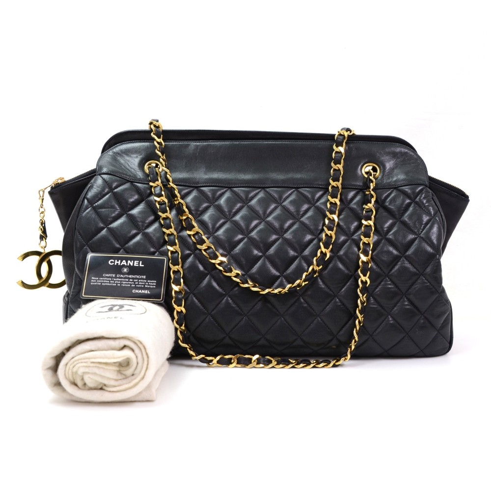 Vintage Chanel Black Quilted Leather Tote Shoulder Bag Large CC
