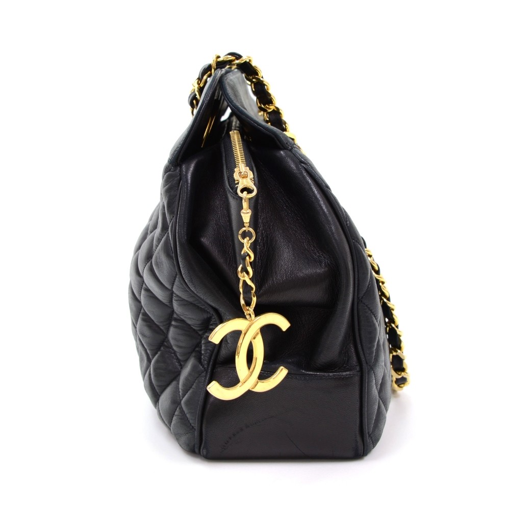 Vintage Chanel Black Quilted Leather Tote Shoulder Bag Large CC