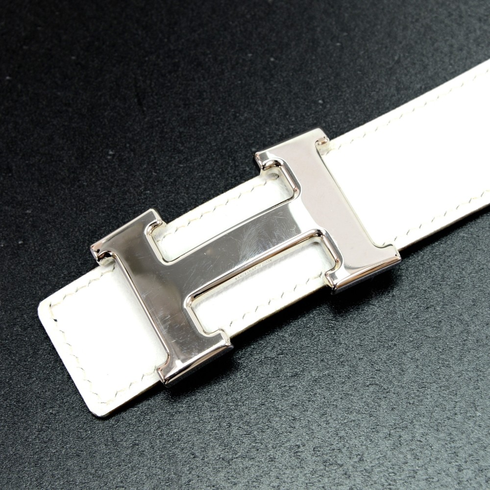 Hermes Hermes White x Navy Leather x Silver Tone H Buckle Belt ...  