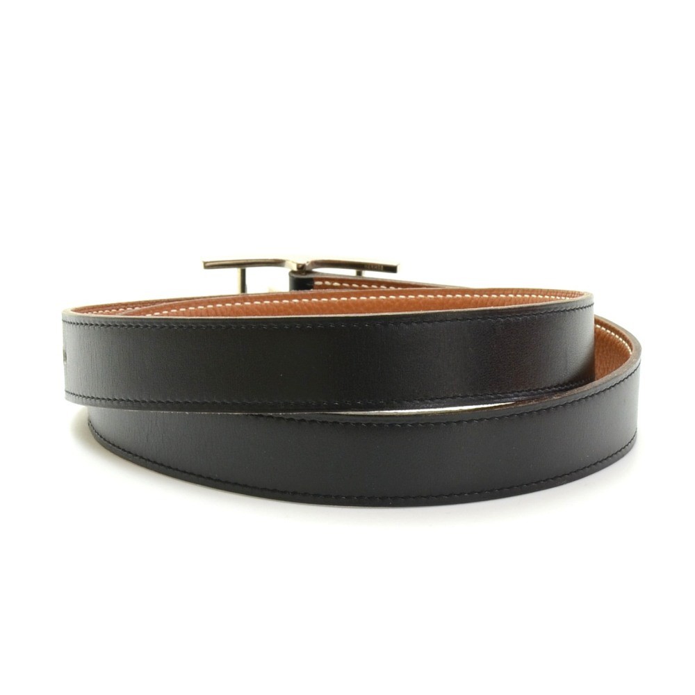 Hermes Hermes Black Leather x Silver Tone Belt Size 85  