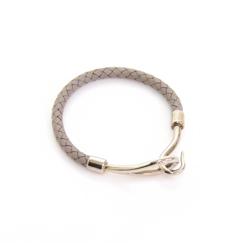 Hermes Hermes Gray Leather x Silver Tone Hook Jumbo Bracelet  