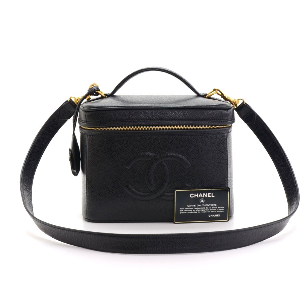 Vintage Chanel Vanity Black Caviar Leather Medium Cosmetic Handbag + Strap