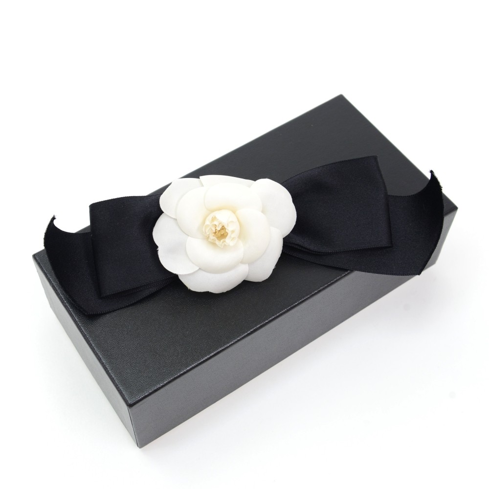 Chanel Chanel Black Ribbon x White Camellia Flower Brooch Pin