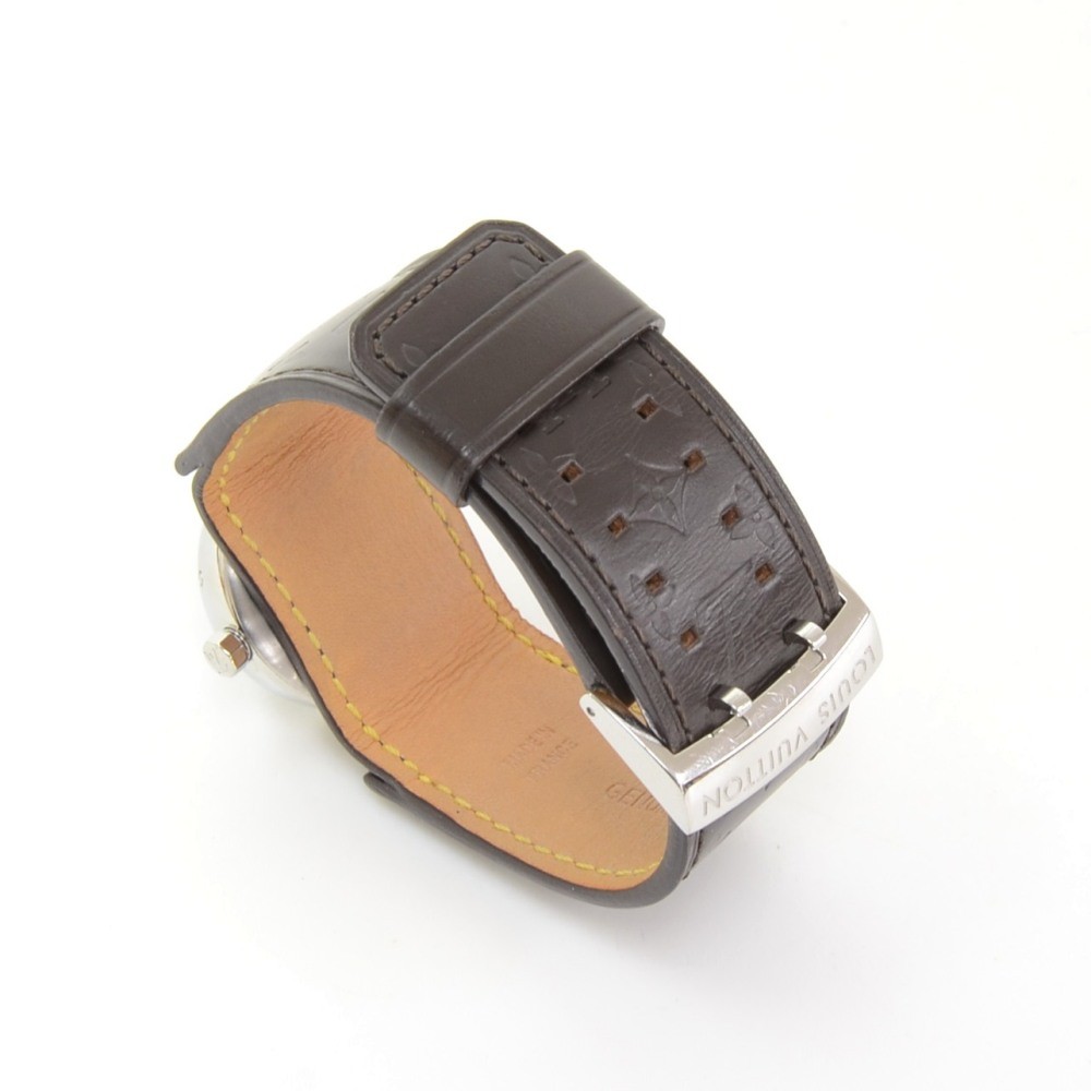 Pre-owned Louis Vuitton Tambour Quartz Brown Dial Ladies Watch Q1211, Quartz Movement, Genuine Leather Strap, 28 mm Case in Brown