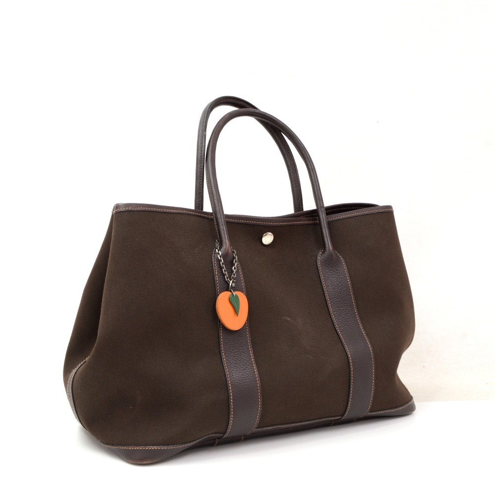 Hermes Hermes Garden Party PM Dark Brown Leather Canvas Hand Bag