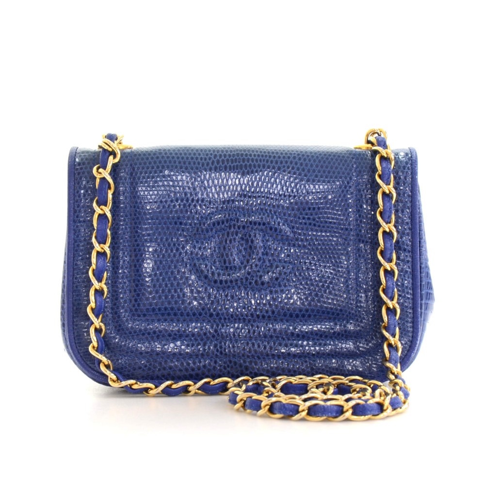 Chanel Vintage Chanel Blue Lizard Skin Leather Mini Shoulder Flap Bag