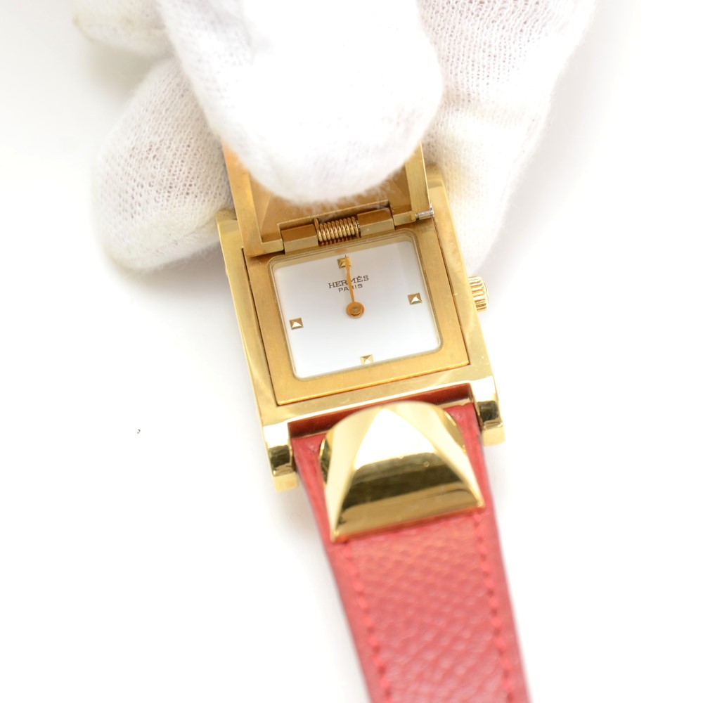 Hermes Hermes Medor PM Red Leather x Gold Tone Wrist Watch  