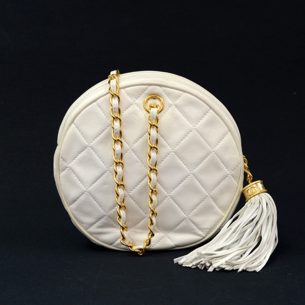 Chanel Vintage Chanel White Quilted Leather Fringe Round Pouch Bag