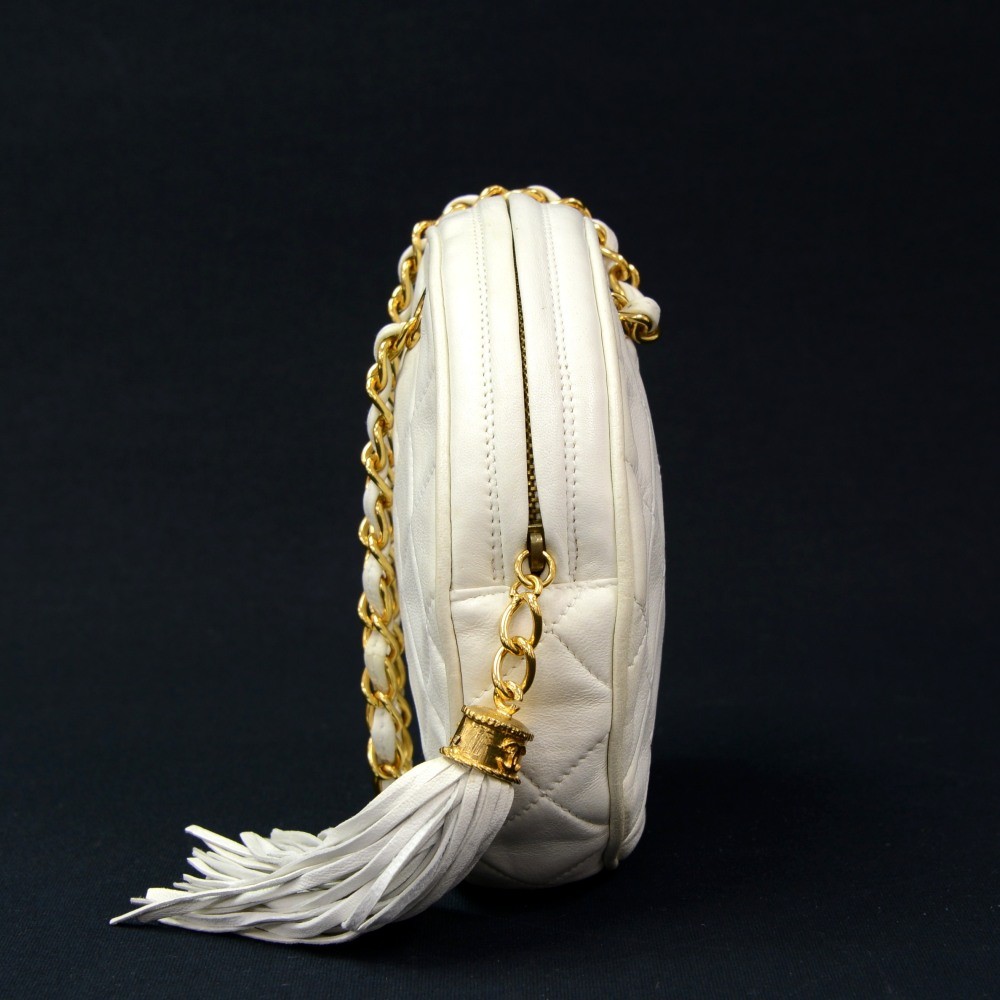 Chanel Vintage Chanel White Quilted Leather Fringe Round Pouch Bag