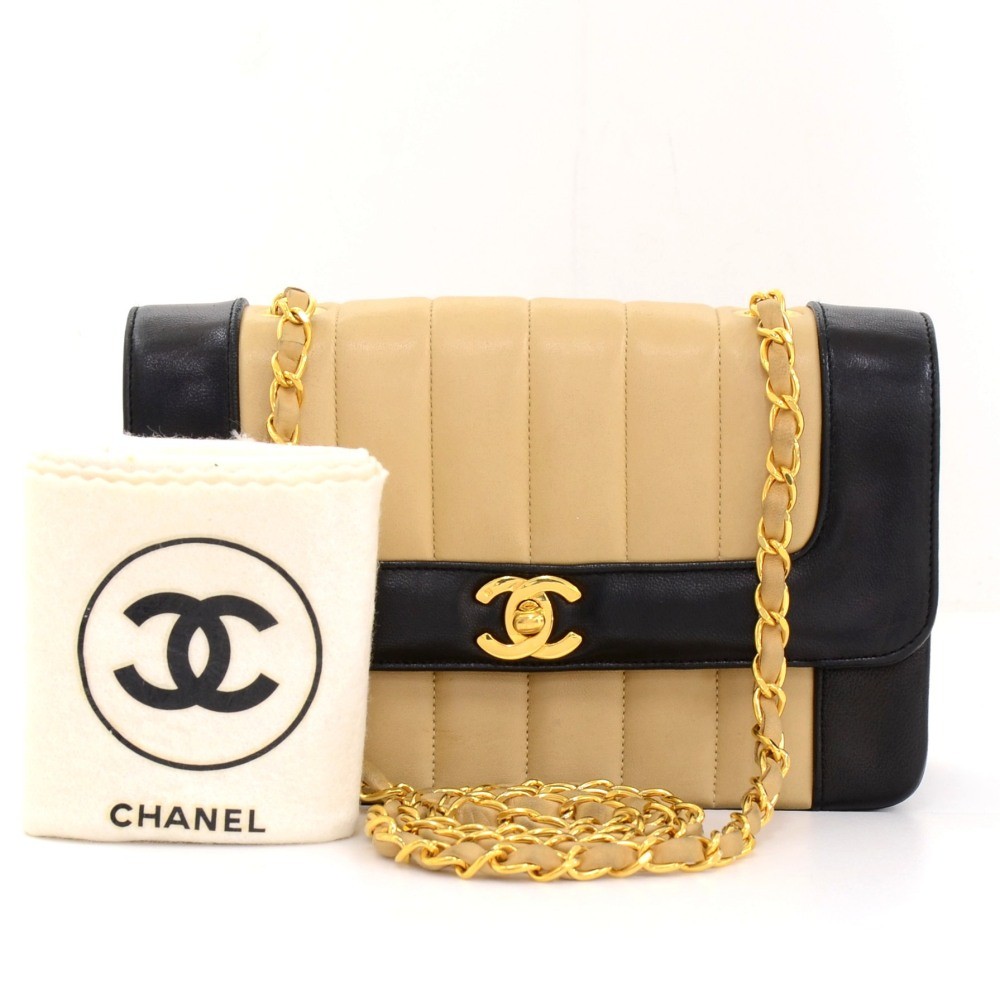 Chanel Vintage Chanel 9 Classic Black x Beige Vertical Quilted