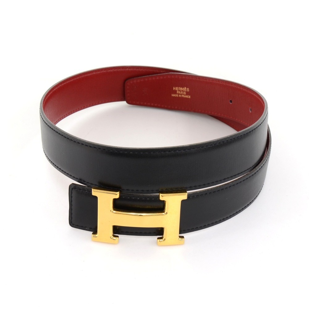 Hermes Red x Black Leather x Gold Tone Buckle 70