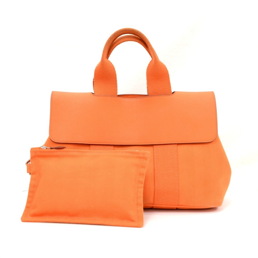 Hermes Hermes Valparaiso PM Orange Leather Canvas Tote Hand Bag